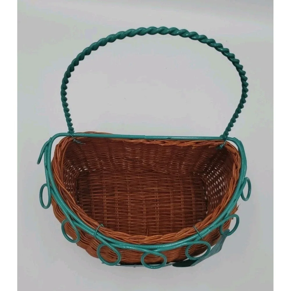 Decorative Hanging Wicker Basket with Green Metal Wire Cottagecore